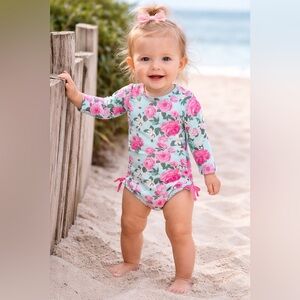 Ruffle Butts Pink Floral & Mint Long-Sleeve Rashguard One-Piece
